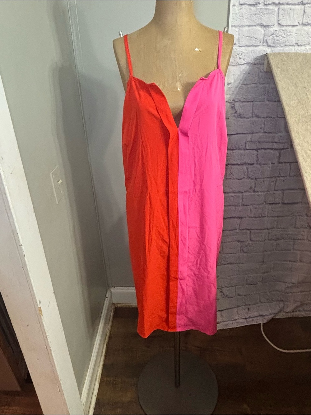 SHEIN Two-Tone Slip Midi Dress - Red & Pink